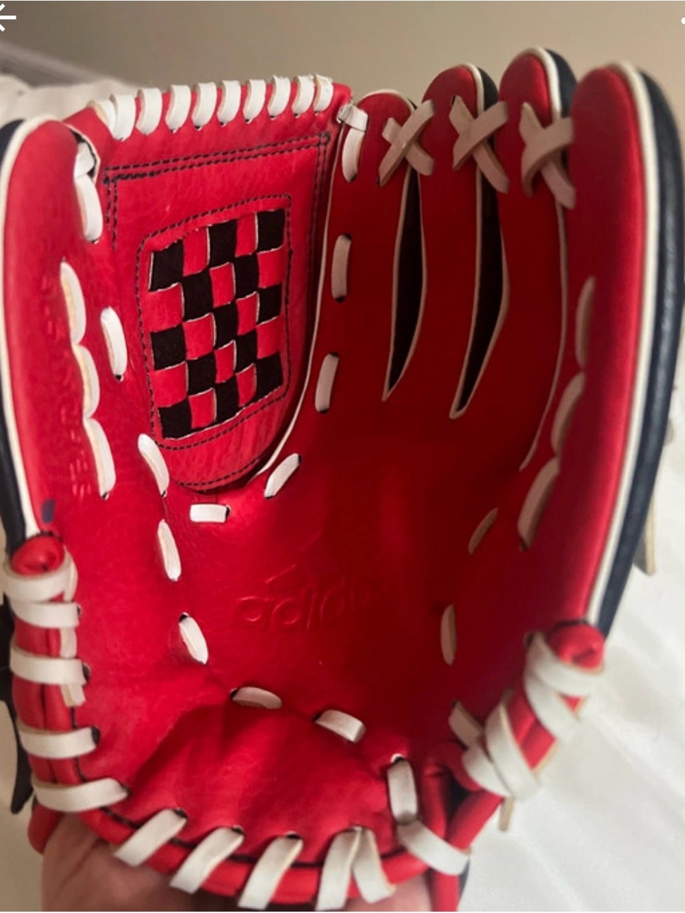 Kid adidas Red Baseball Glove with White Lacing and Black Accents size 9.5